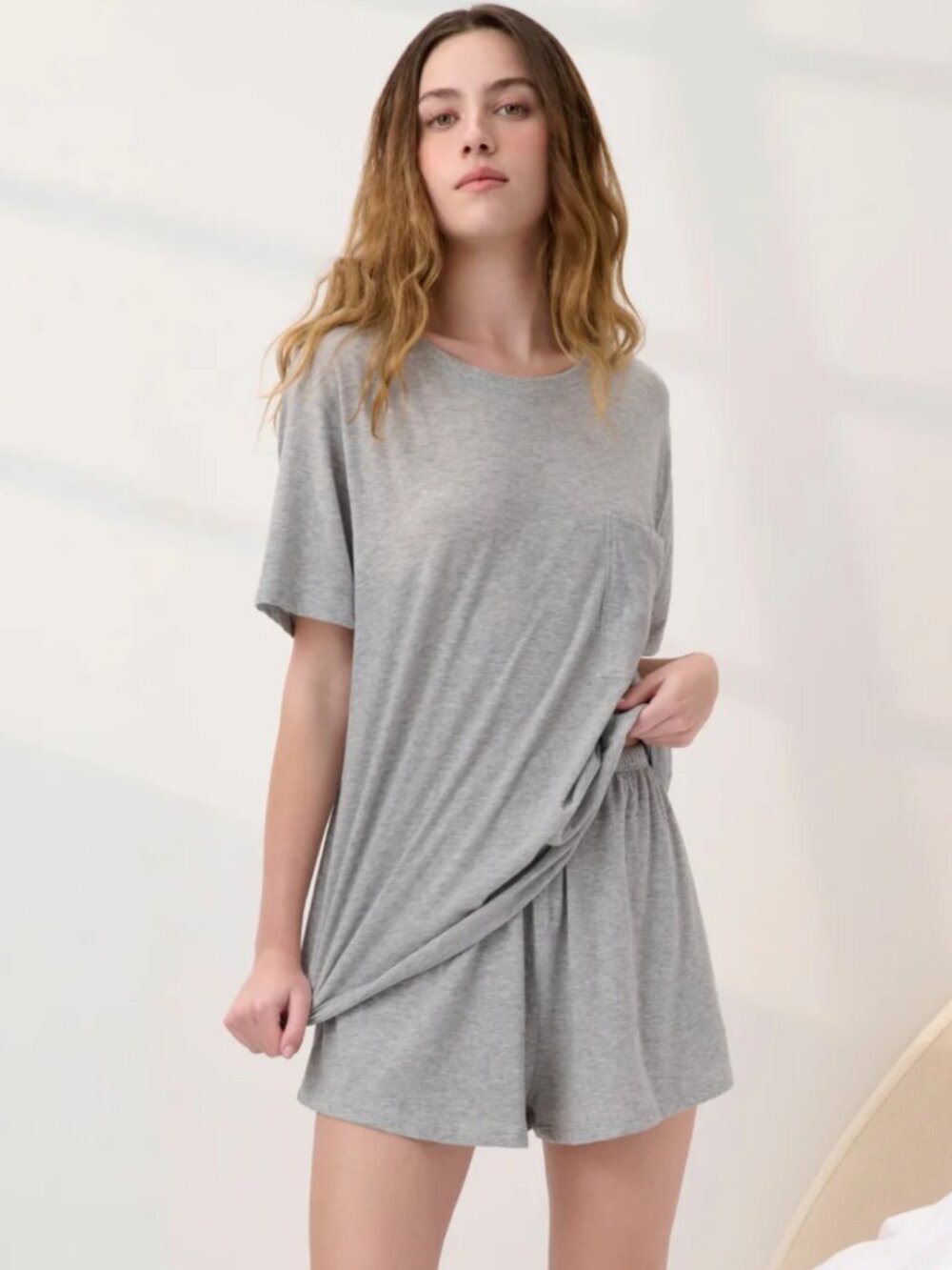 Lunya Organic Pima Tee Short Set - Size SM - Storm Grey Heather